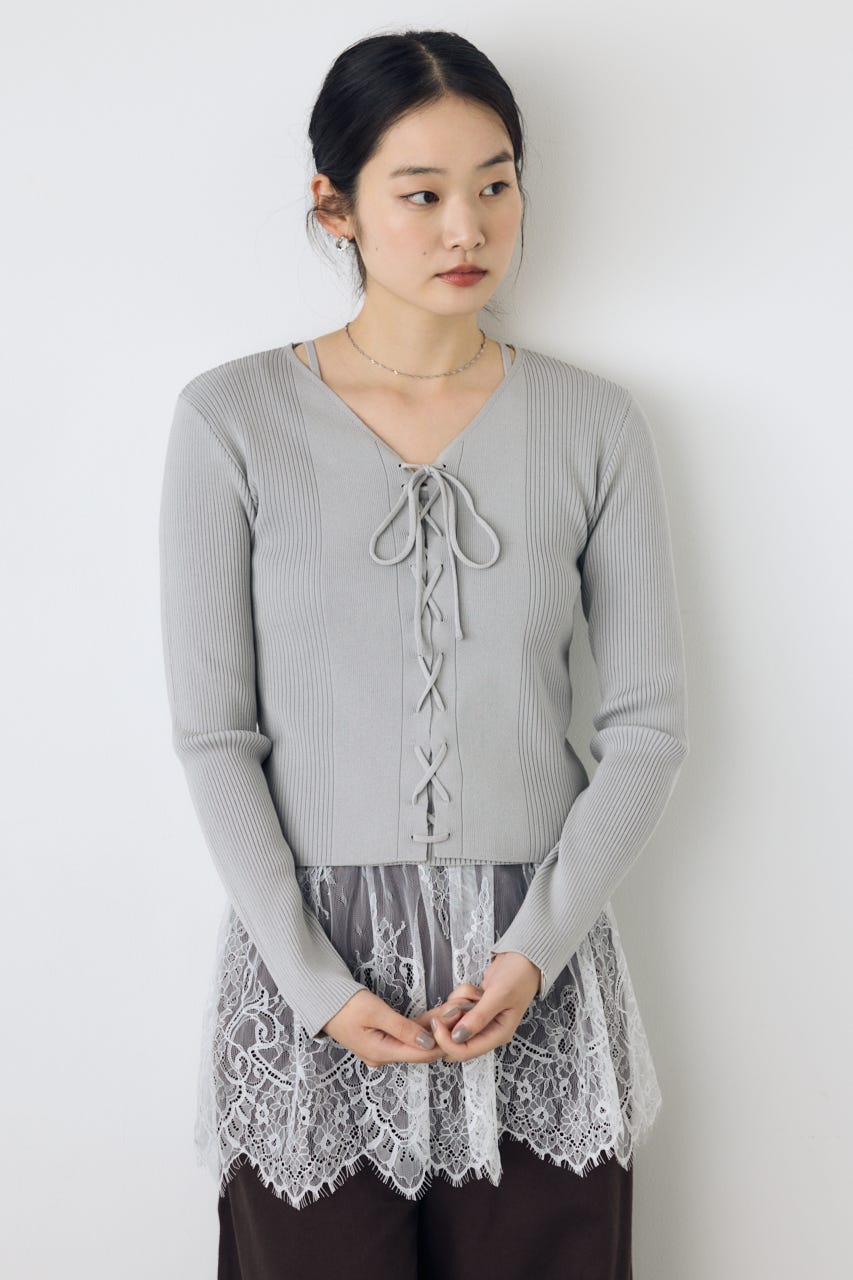 フェイクレイヤードレースアップニット L/GRY FREE