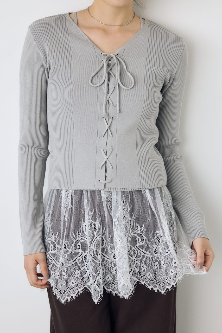 フェイクレイヤードレースアップニット L/GRY FREE