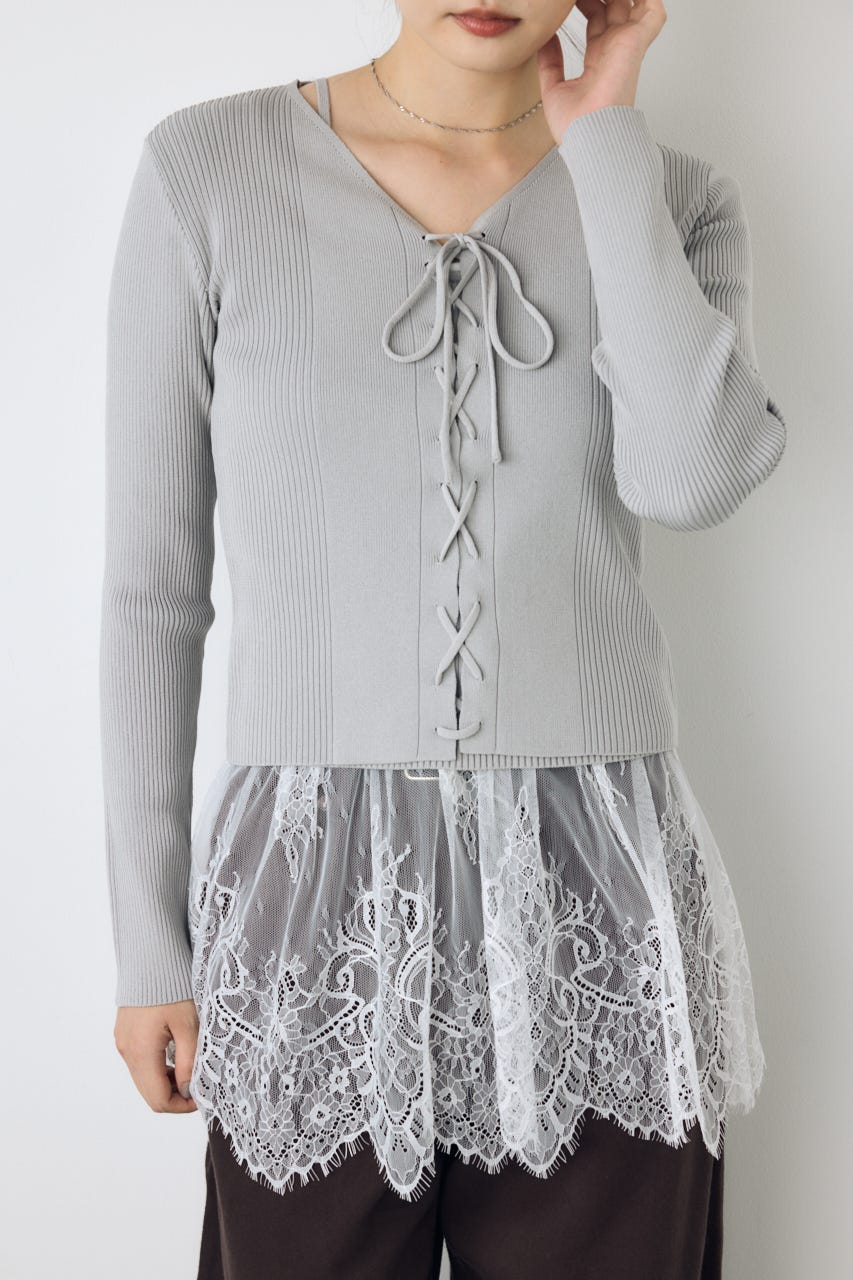 フェイクレイヤードレースアップニット L/GRY FREE