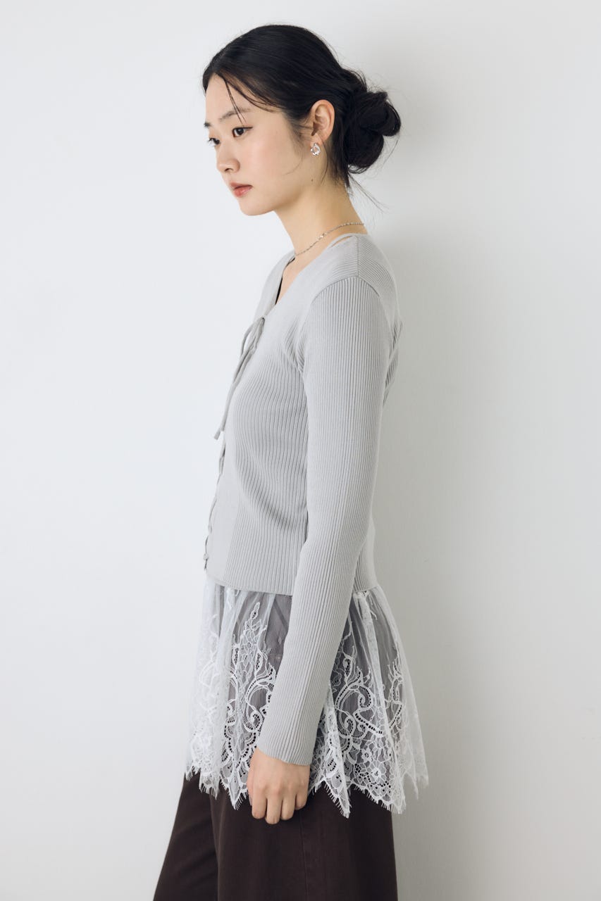 フェイクレイヤードレースアップニット L/GRY FREE