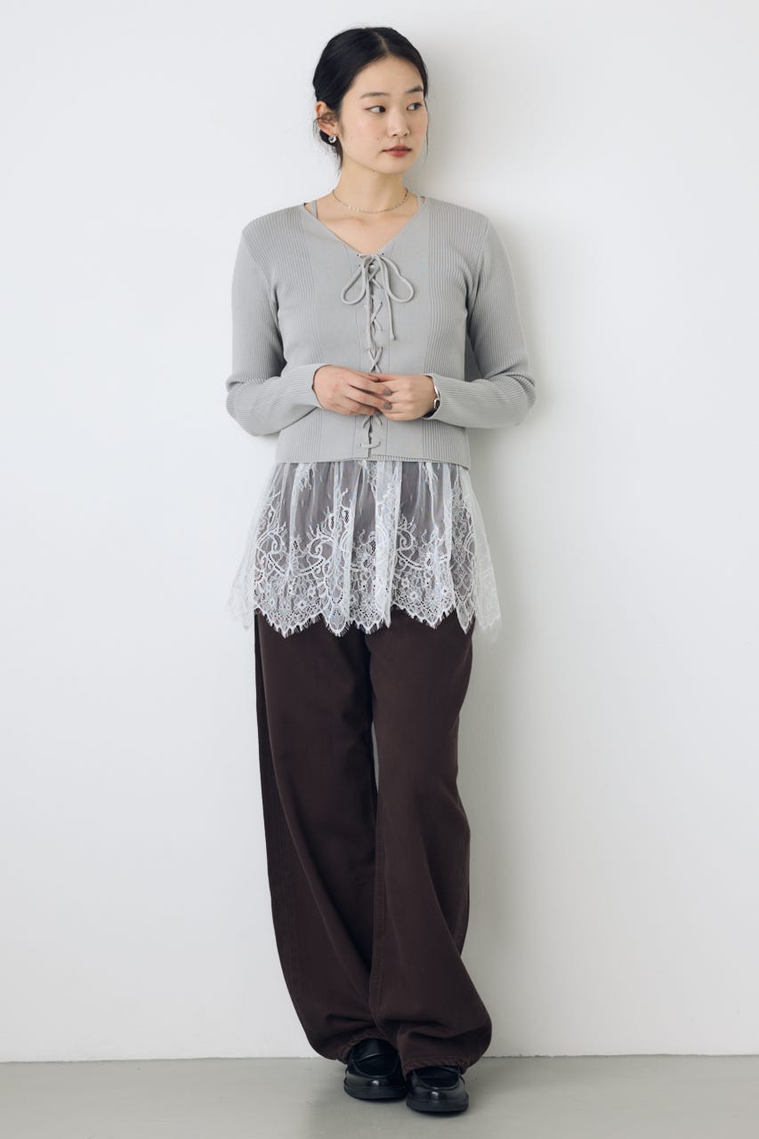 フェイクレイヤードレースアップニット L/GRY FREE