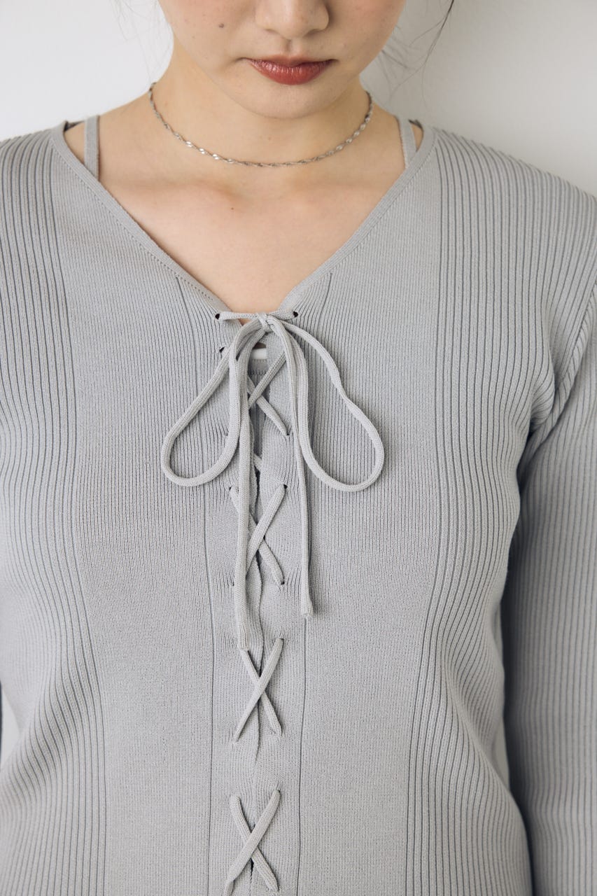 フェイクレイヤードレースアップニット L/GRY FREE