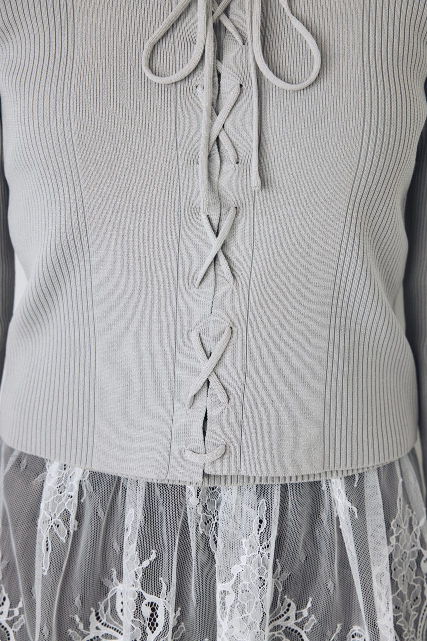 フェイクレイヤードレースアップニット L/GRY FREE