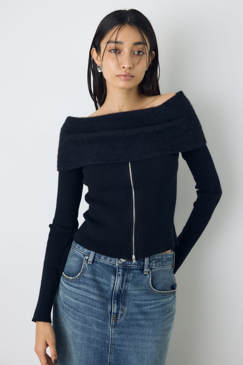 シャギーコンビジップオフショルニット BLK FREE