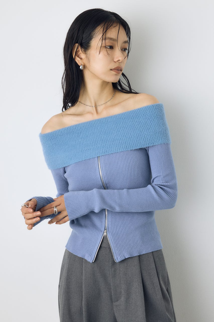シャギーコンビジップオフショルニット BLU FREE