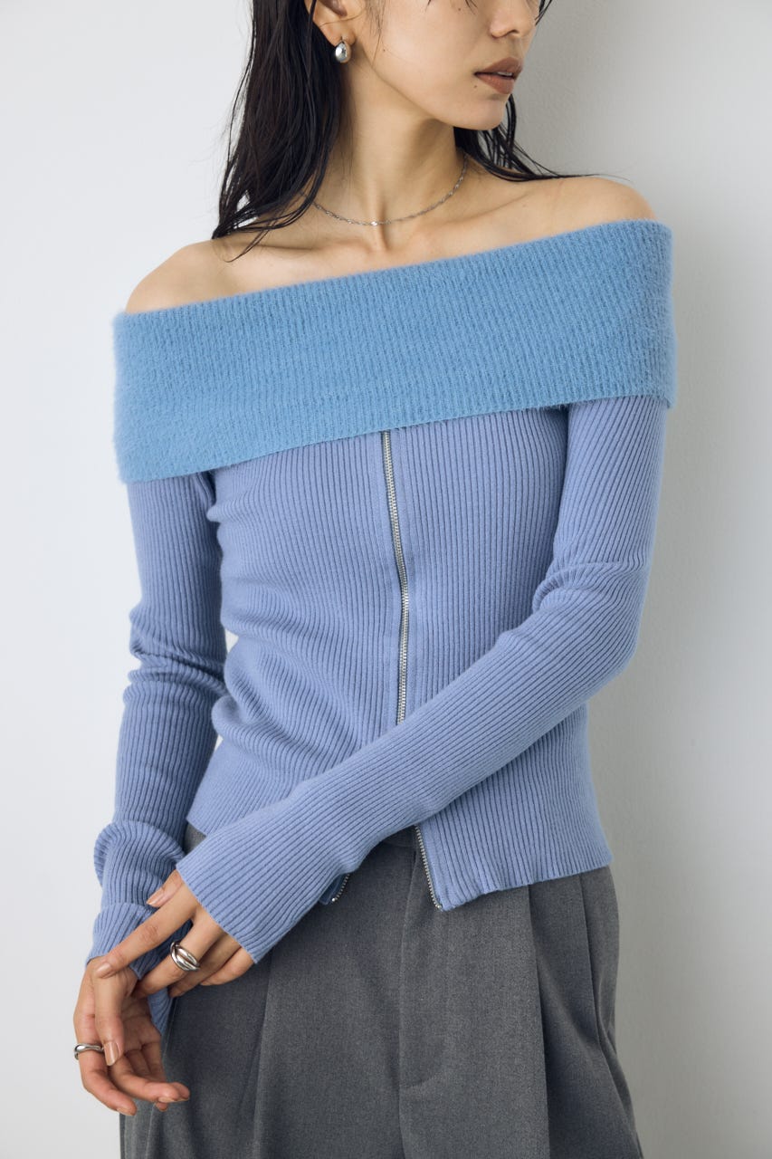 シャギーコンビジップオフショルニット BLU FREE