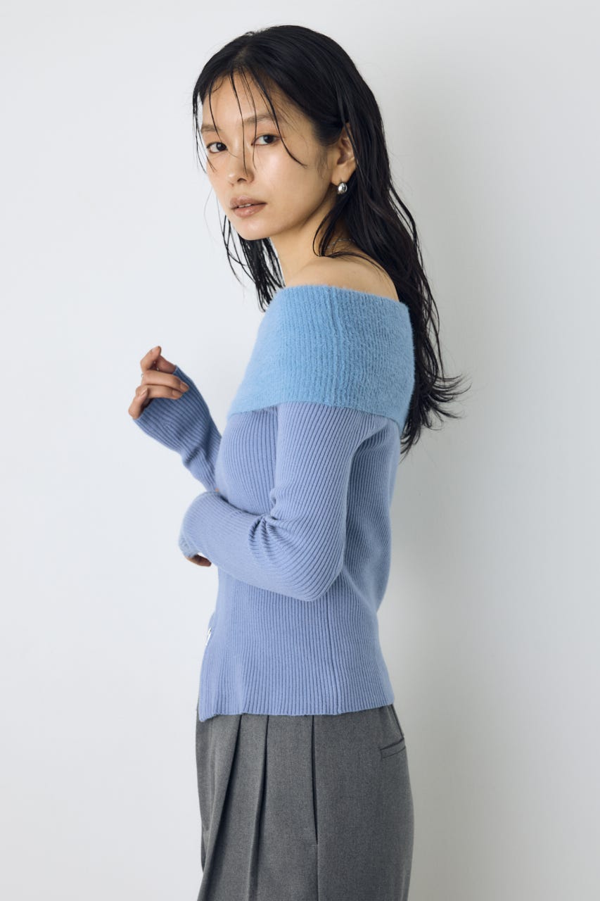 シャギーコンビジップオフショルニット BLU FREE