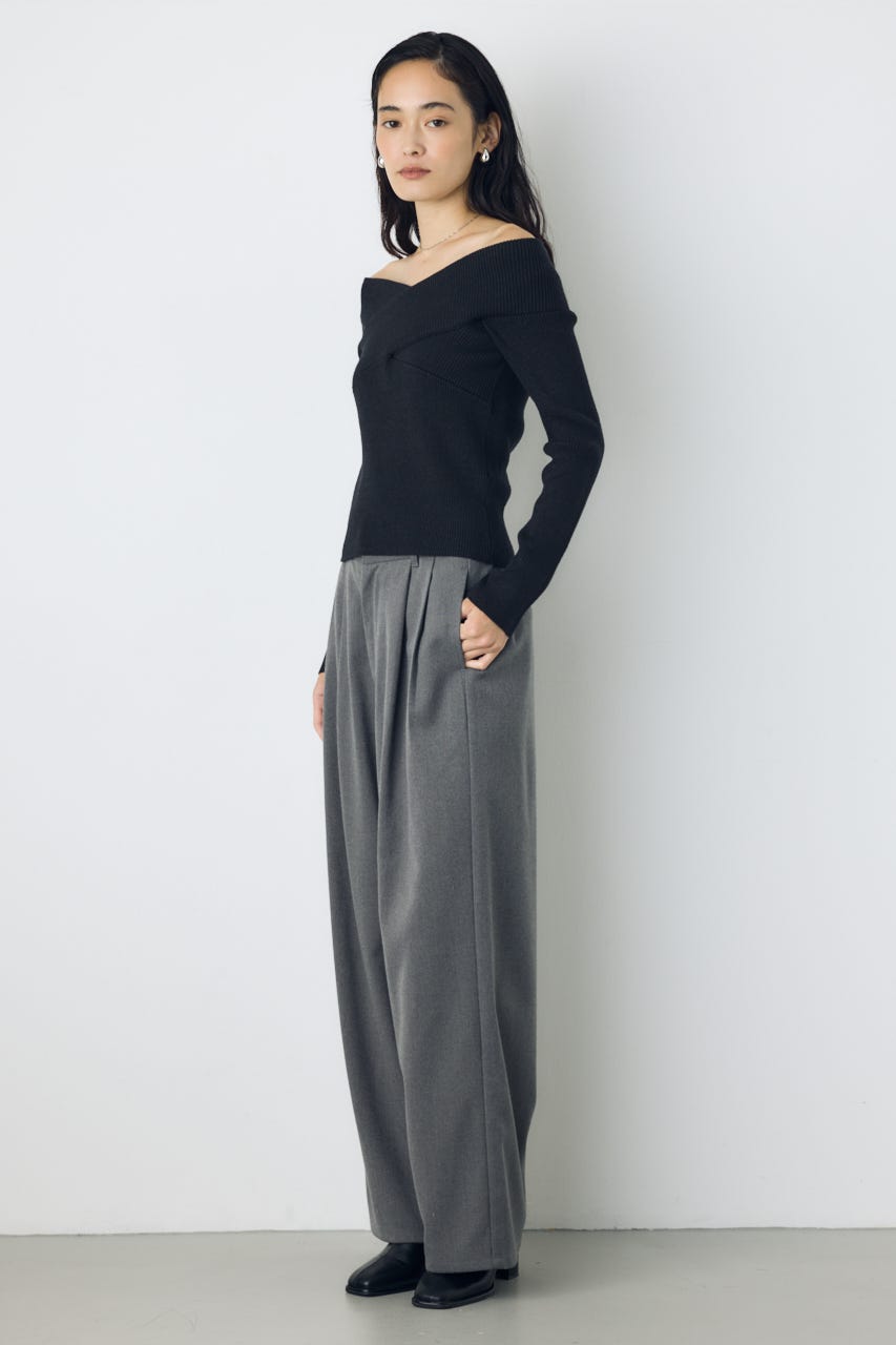 クロスデザイン長袖ニットトップス BLK FREE