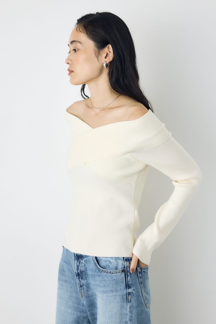 クロスデザイン長袖ニットトップス O/WHT FREE