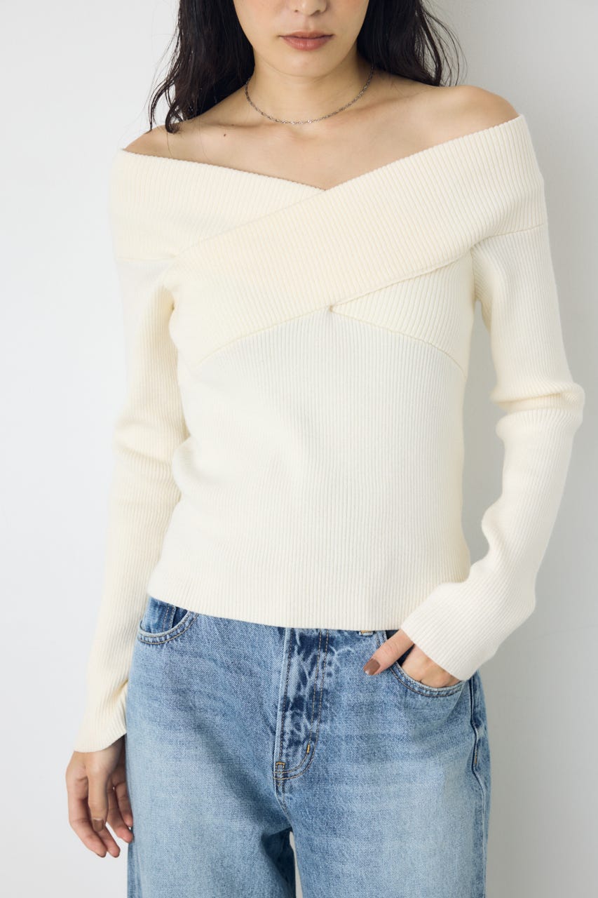 クロスデザイン長袖ニットトップス O/WHT FREE