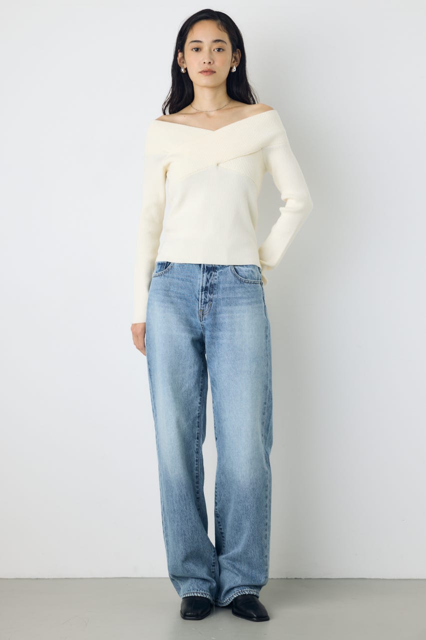 クロスデザイン長袖ニットトップス O/WHT FREE