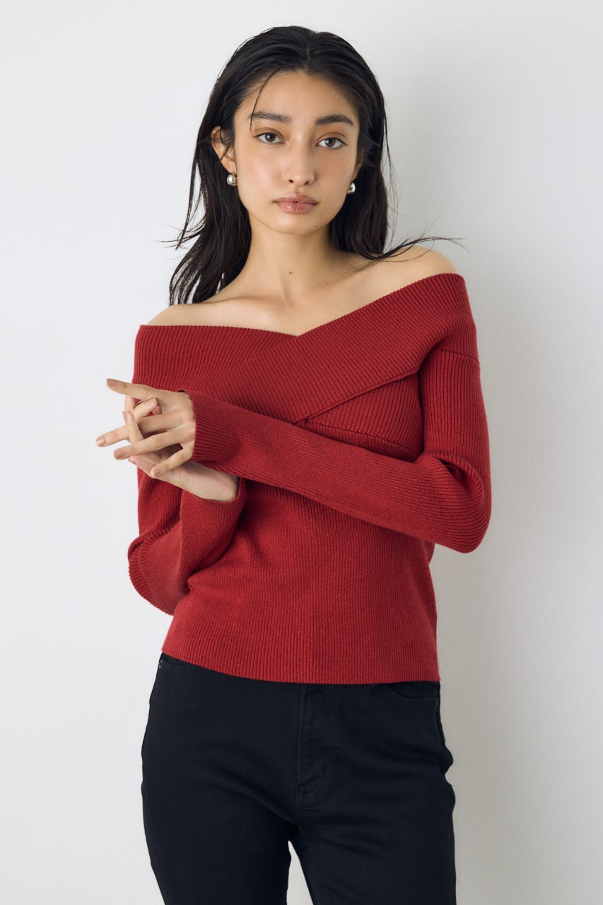 クロスデザイン長袖ニットトップス RED FREE