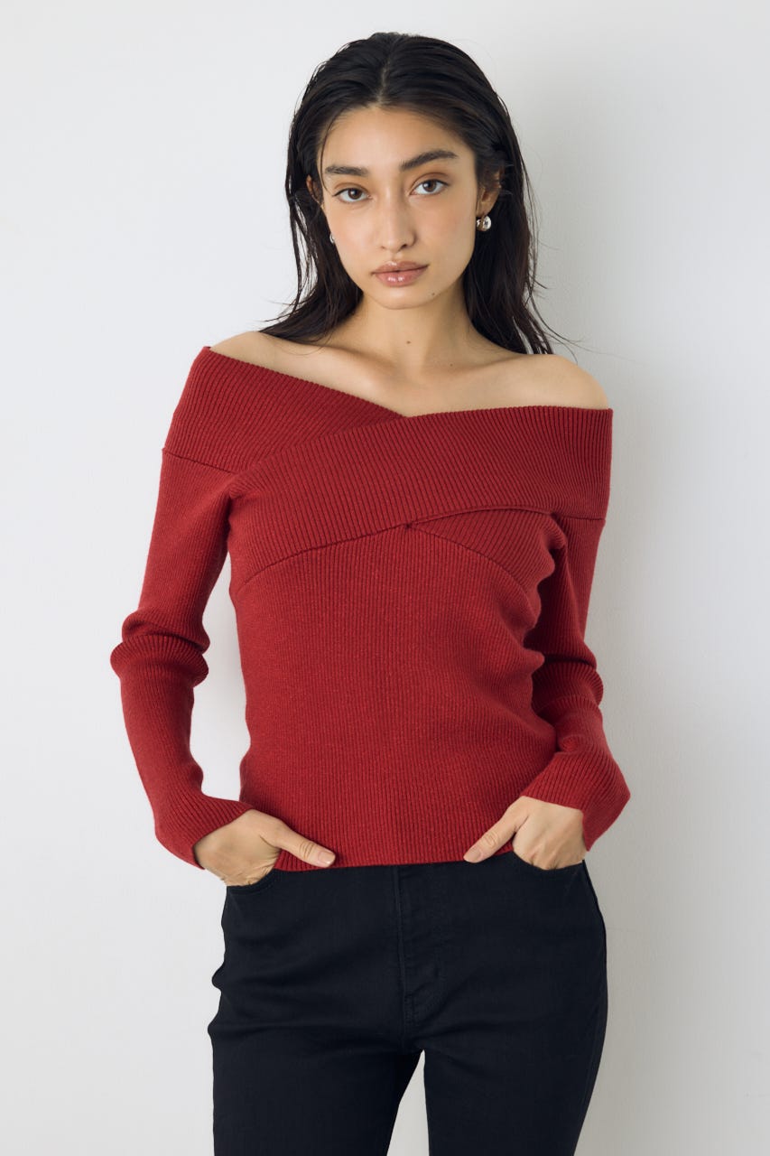 クロスデザイン長袖ニットトップス RED FREE