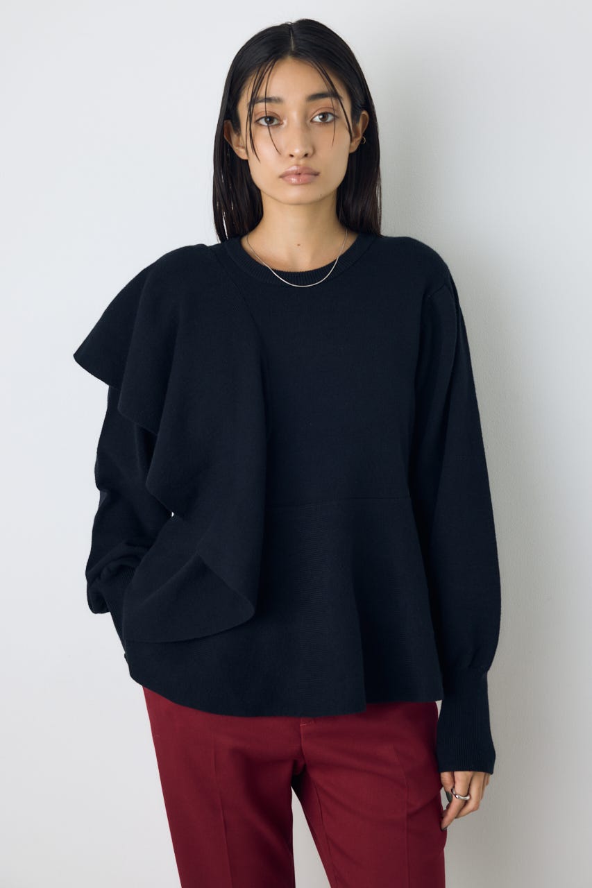 サイドラッフルペプラムニットトップス BLK FREE