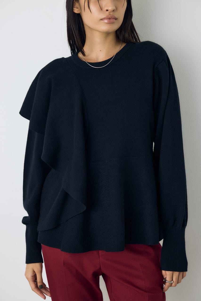 サイドラッフルペプラムニットトップス BLK FREE