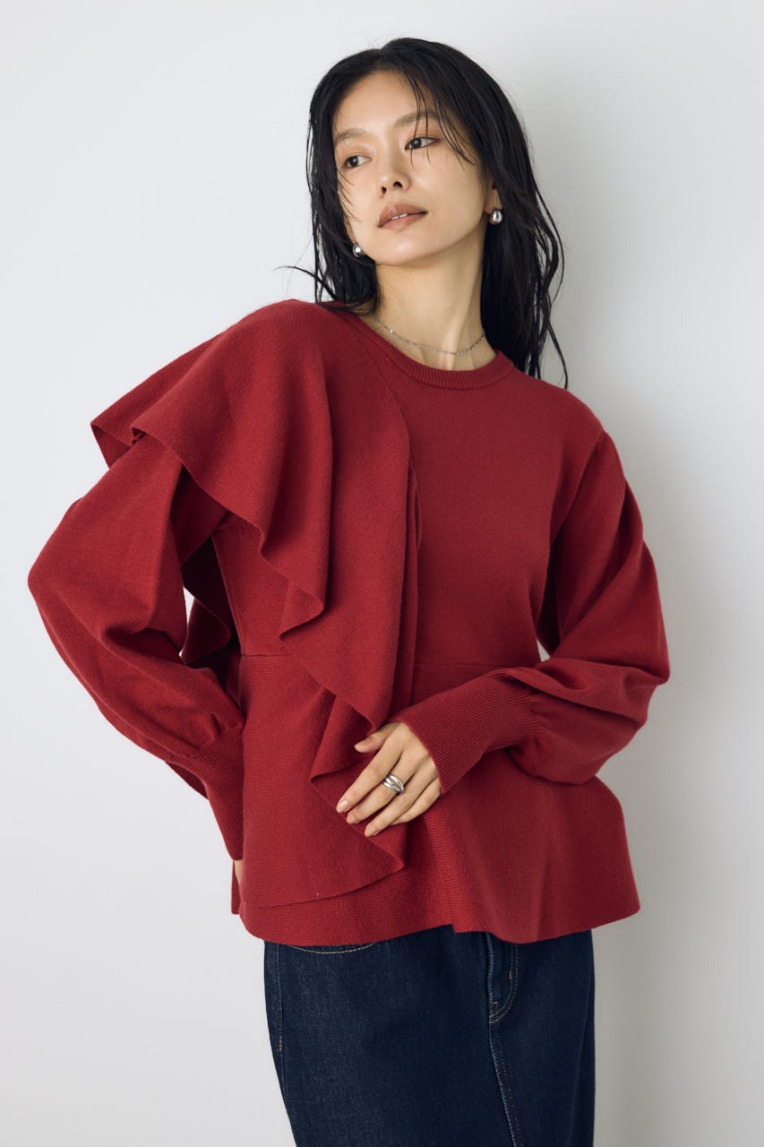 サイドラッフルペプラムニットトップス RED FREE