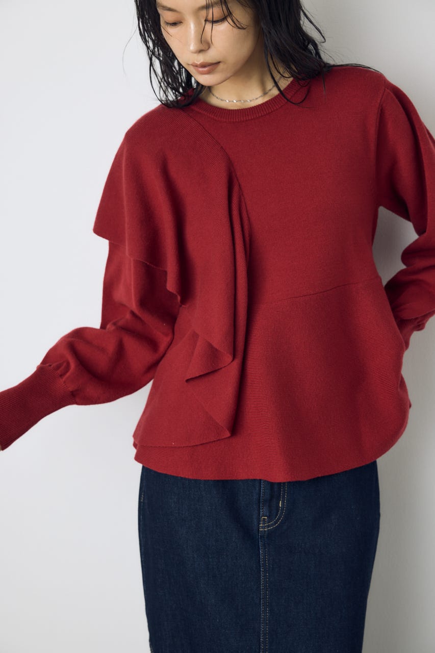 サイドラッフルペプラムニットトップス RED FREE