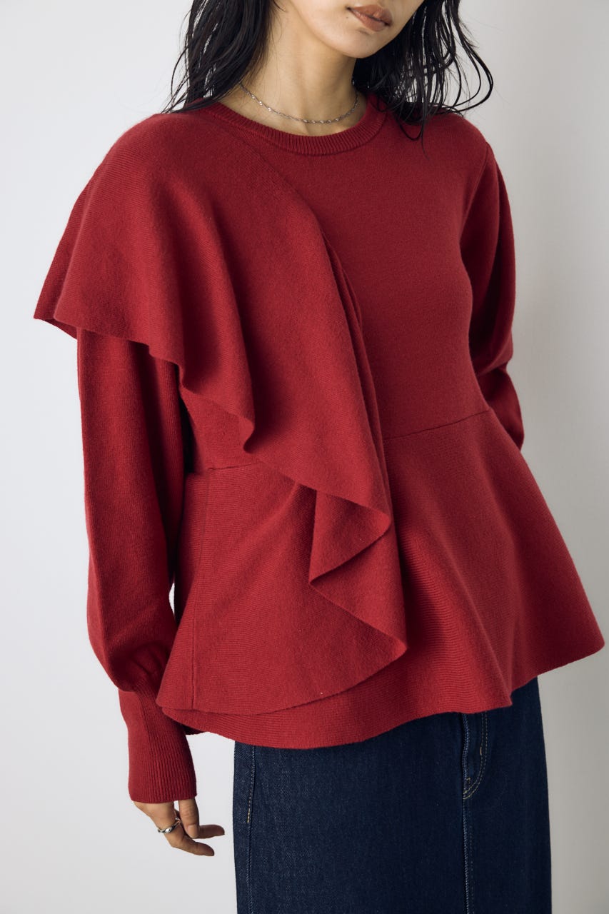 サイドラッフルペプラムニットトップス RED FREE