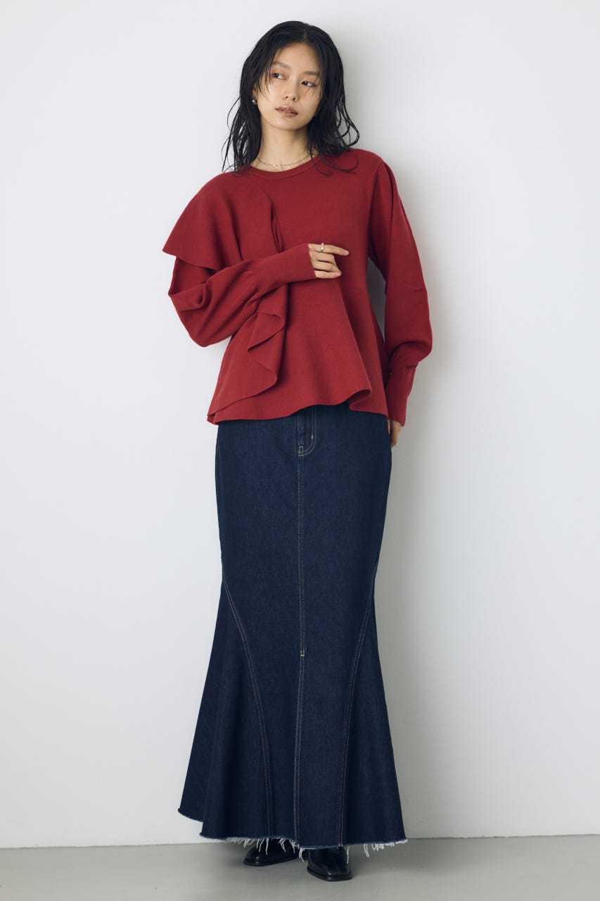 サイドラッフルペプラムニットトップス RED FREE