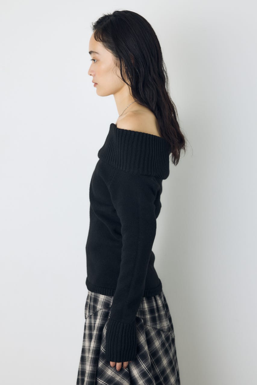 アシンメトリーネックニットトップス BLK S