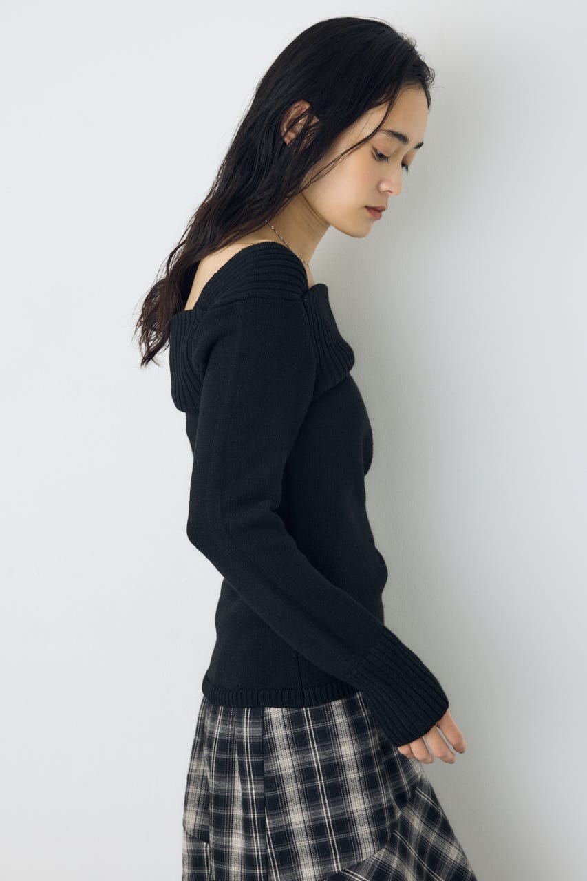 アシンメトリーネックニットトップス BLK S