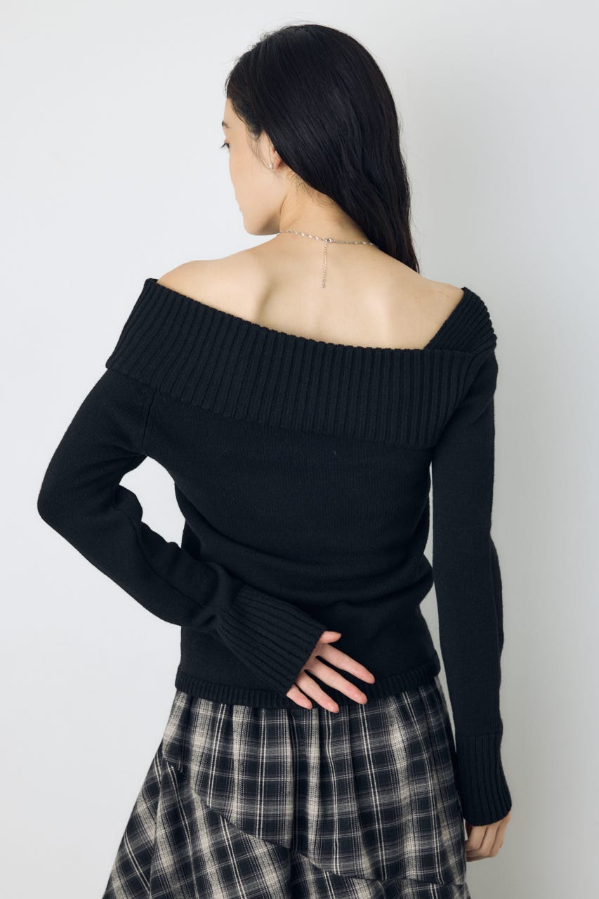 アシンメトリーネックニットトップス BLK S