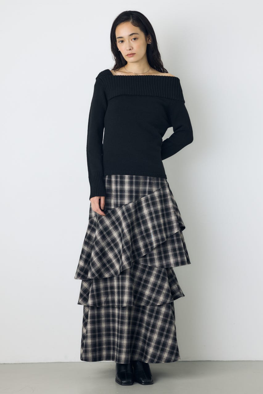 アシンメトリーネックニットトップス BLK S