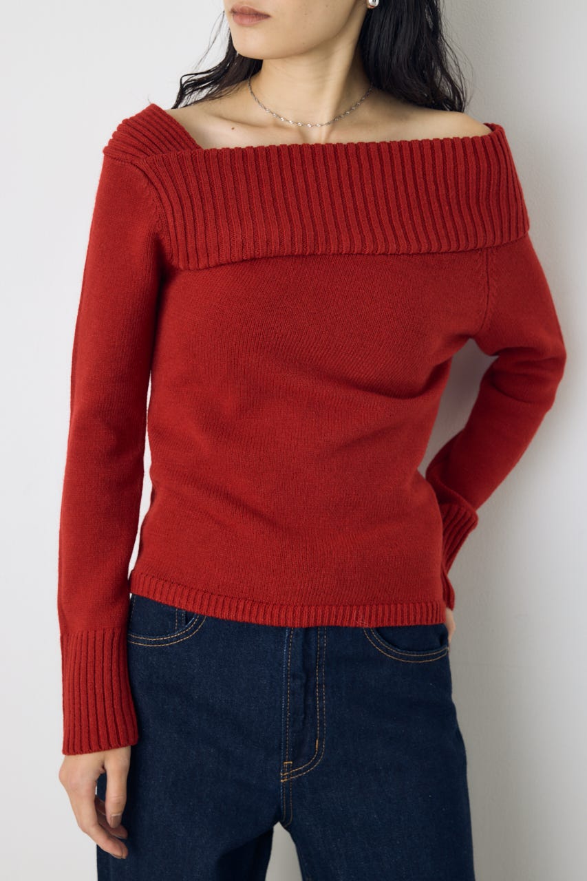アシンメトリーネックニットトップス RED S