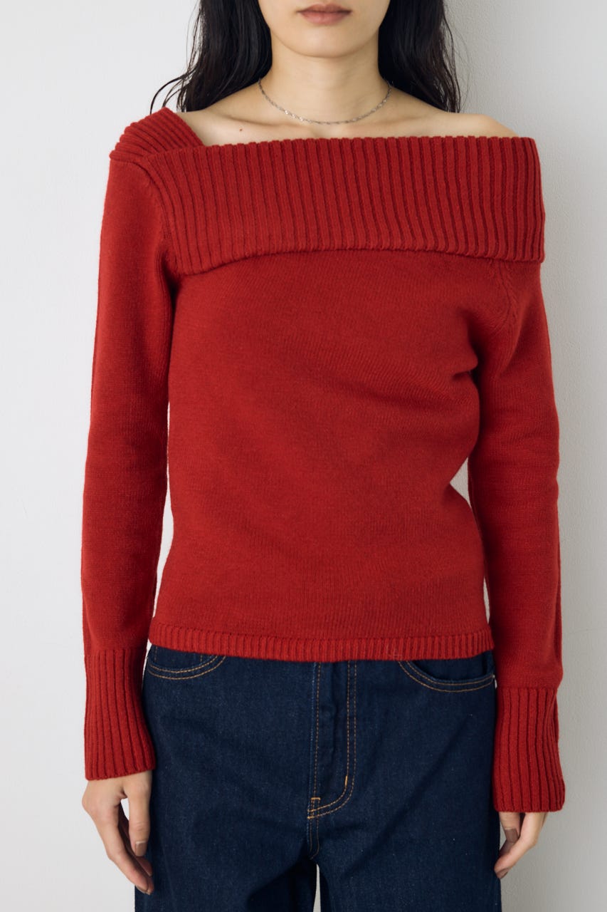 アシンメトリーネックニットトップス RED S