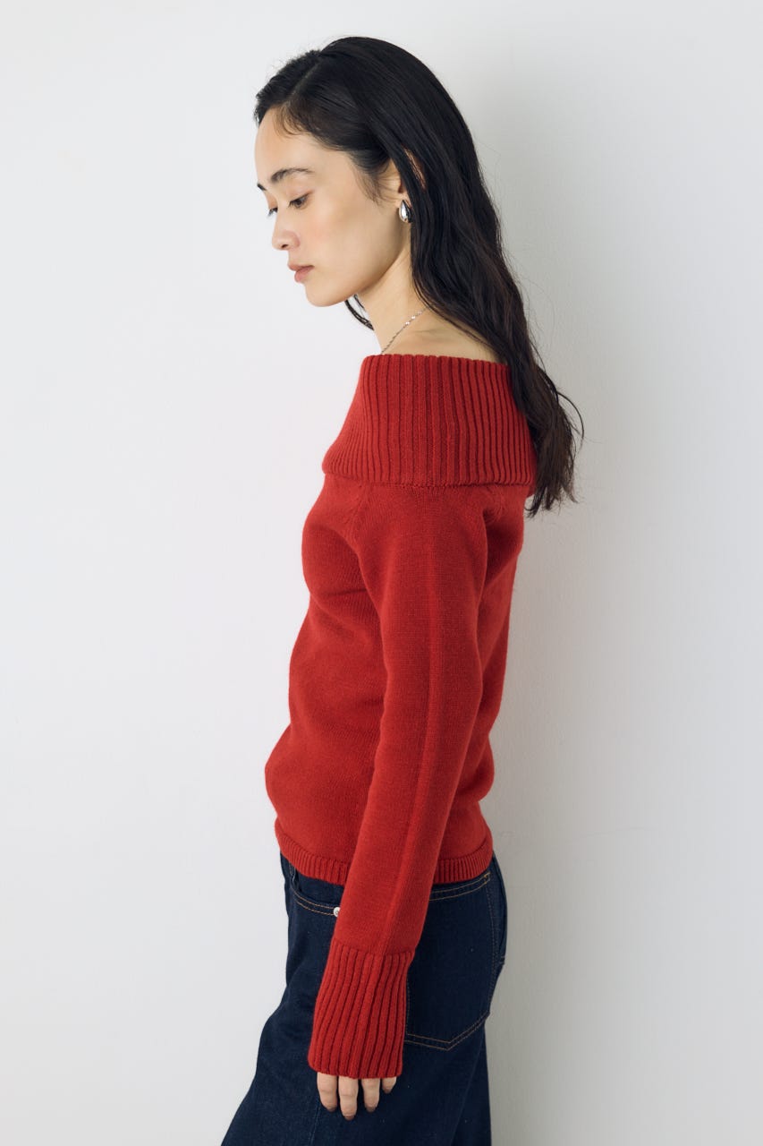 アシンメトリーネックニットトップス RED S