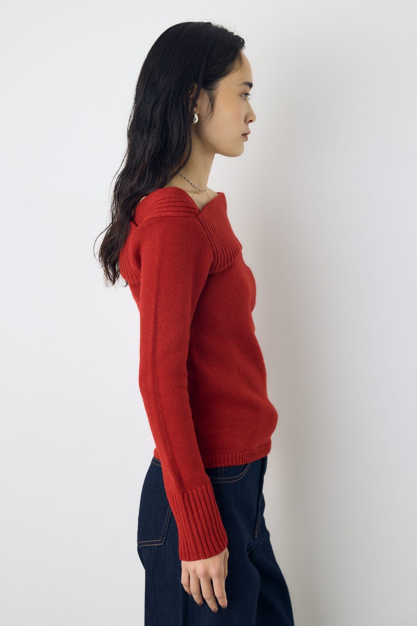 アシンメトリーネックニットトップス RED S