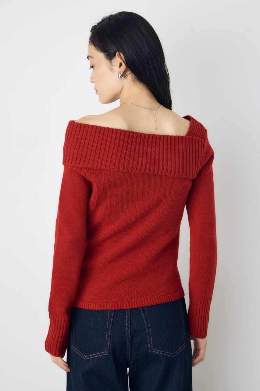 アシンメトリーネックニットトップス RED S