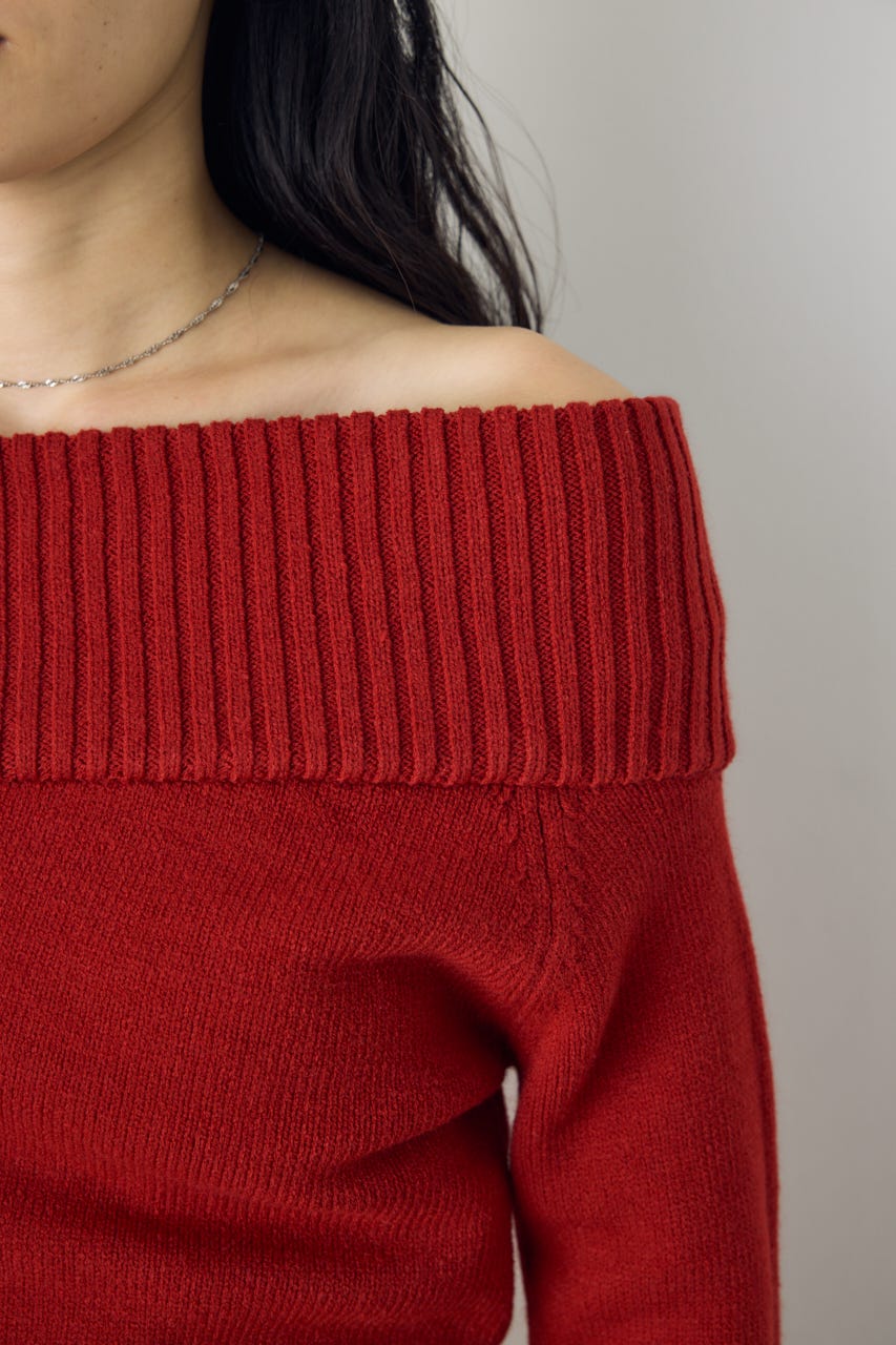 アシンメトリーネックニットトップス RED S