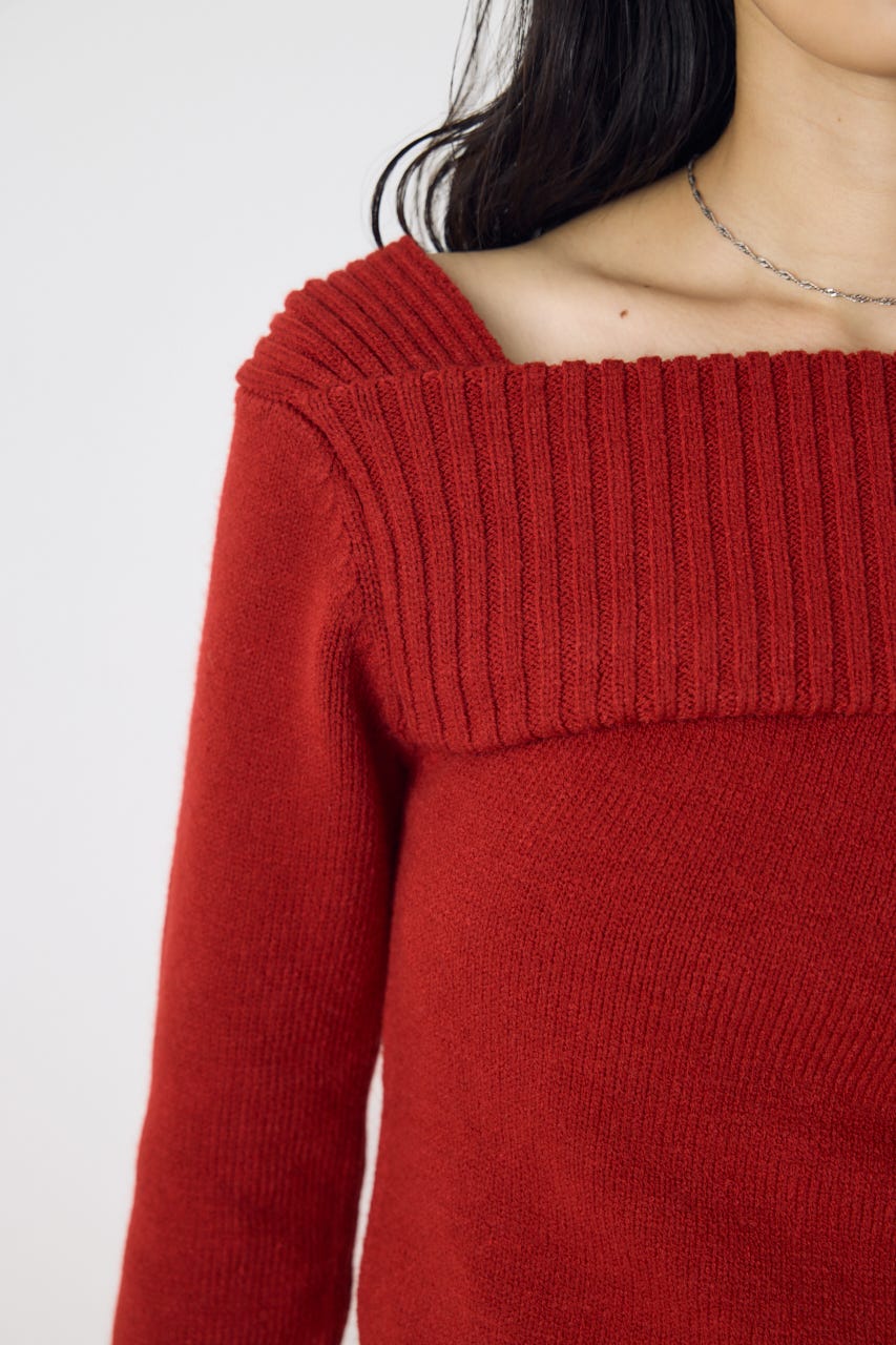 アシンメトリーネックニットトップス RED S