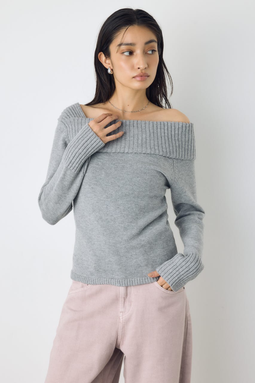 アシンメトリーネックニットトップス T.GRY S