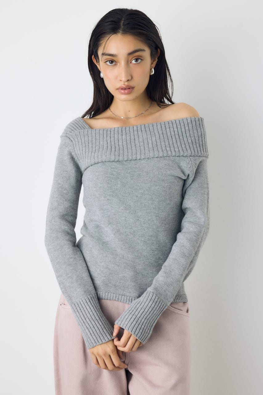 アシンメトリーネックニットトップス T.GRY S