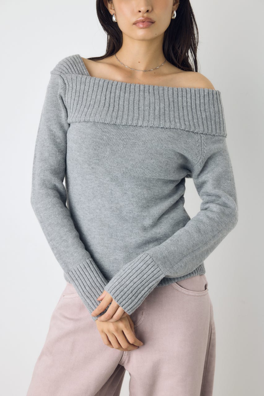 アシンメトリーネックニットトップス T.GRY S