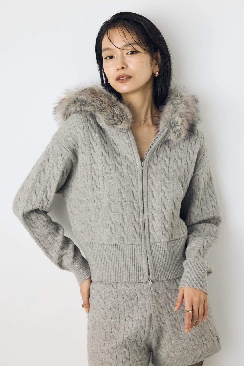 【セットアップ対応】ファーフードニットパーカー T.GRY FREE