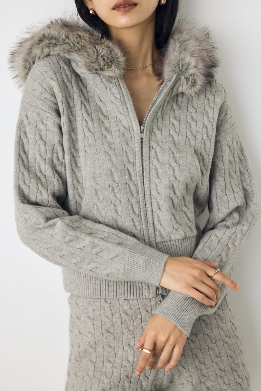 【セットアップ対応】ファーフードニットパーカー T.GRY FREE