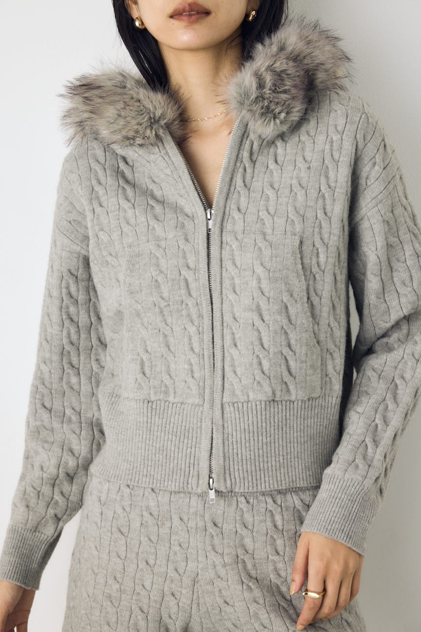 【セットアップ対応】ファーフードニットパーカー T.GRY FREE