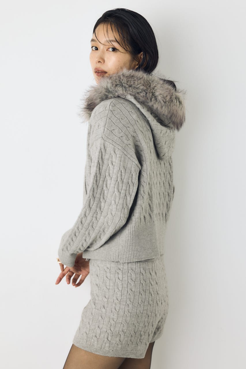 【セットアップ対応】ファーフードニットパーカー T.GRY FREE