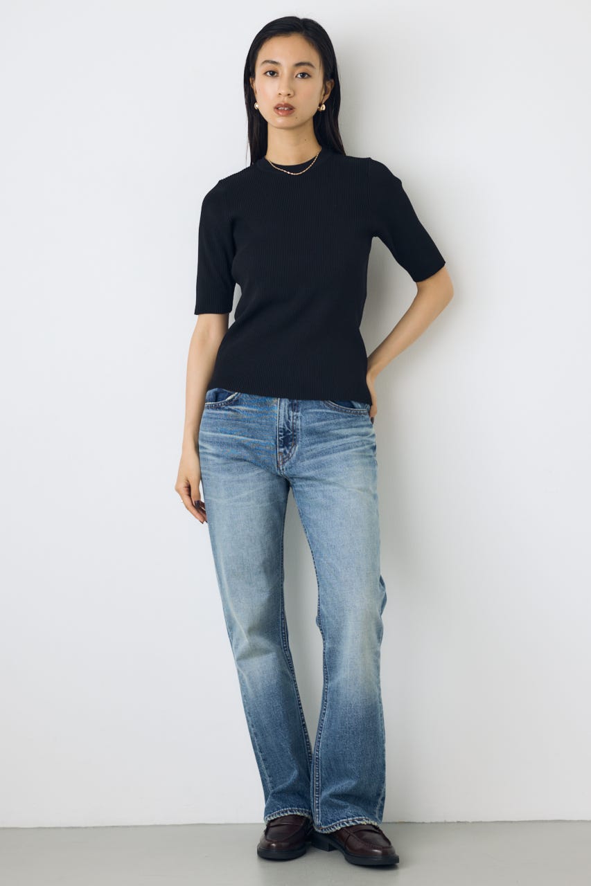 ハーフスリーブクルーネックニットトップス BLK FREE