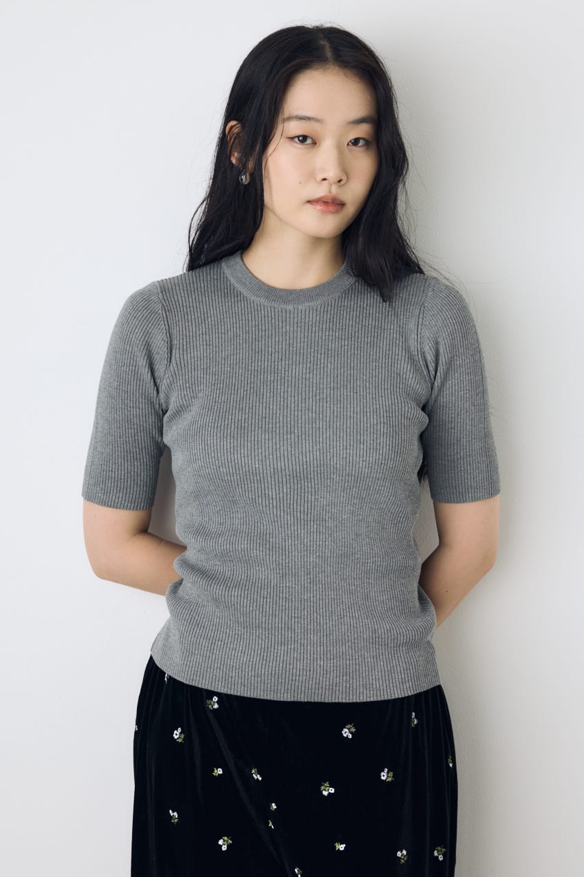 ハーフスリーブクルーネックニットトップス T.GRY FREE