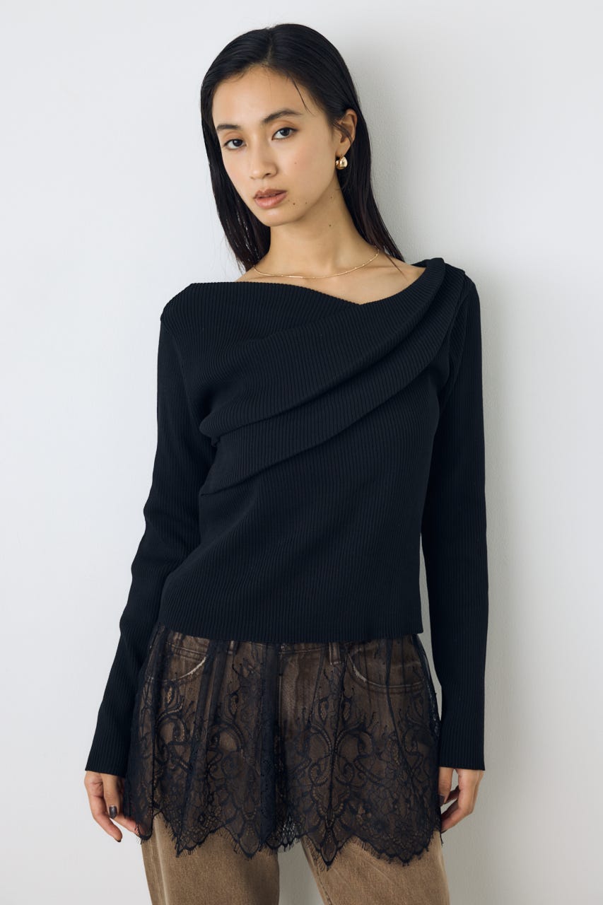 ドレープ長袖ニットトップス BLK FREE