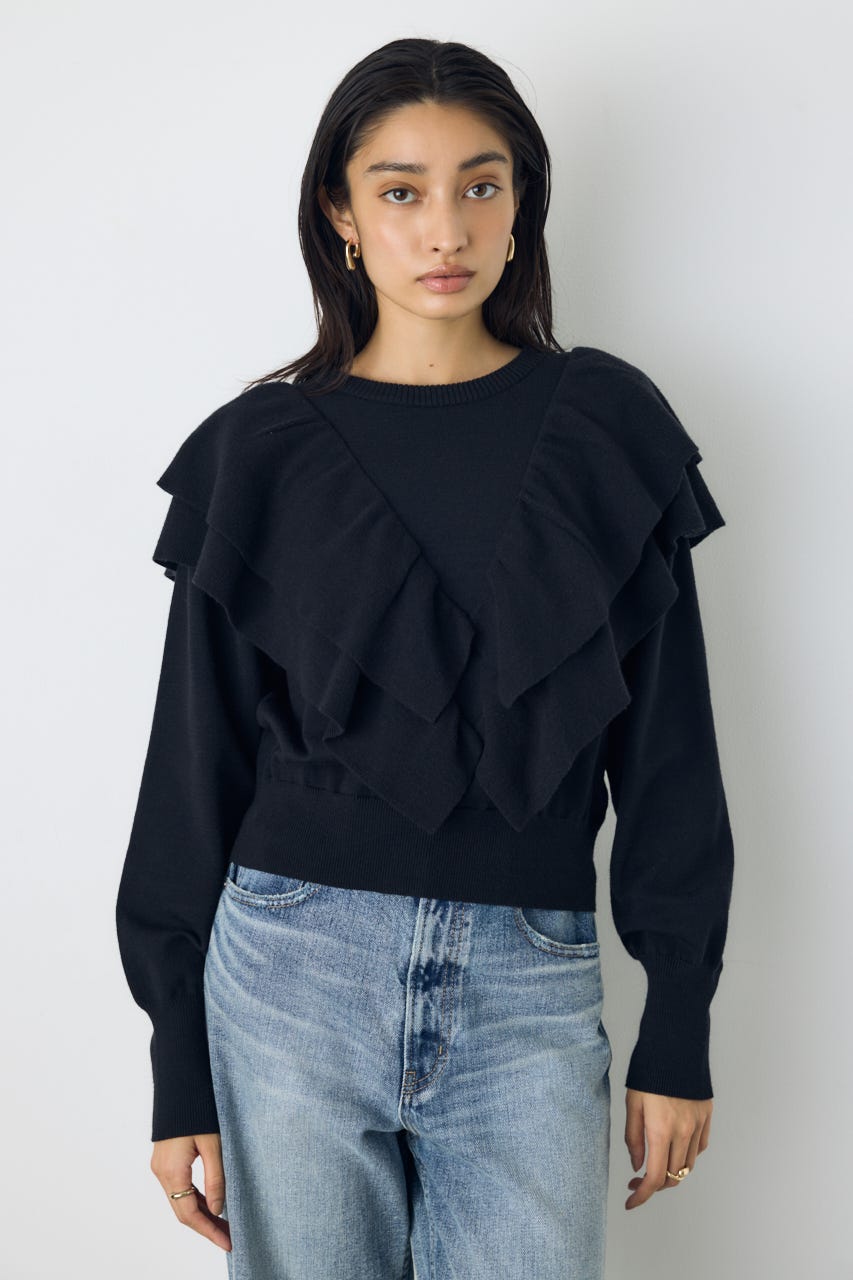 ラッフルショルダーニットトップス BLK FREE