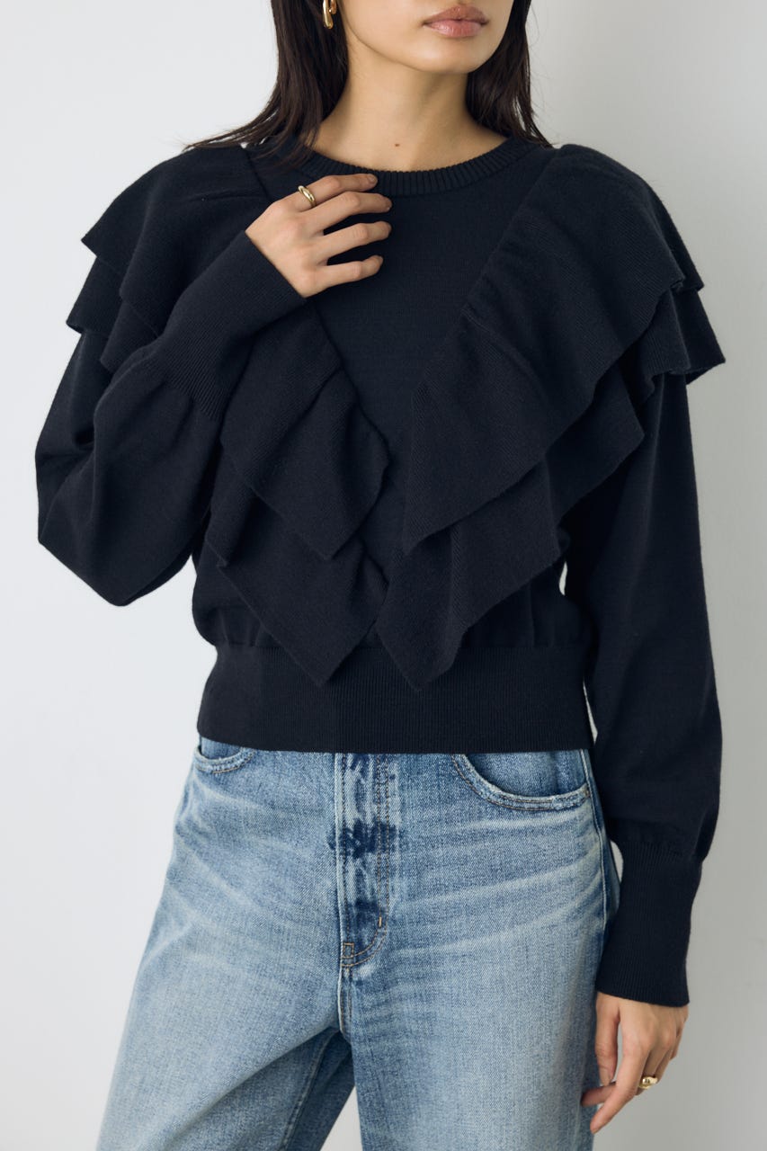 ラッフルショルダーニットトップス BLK FREE