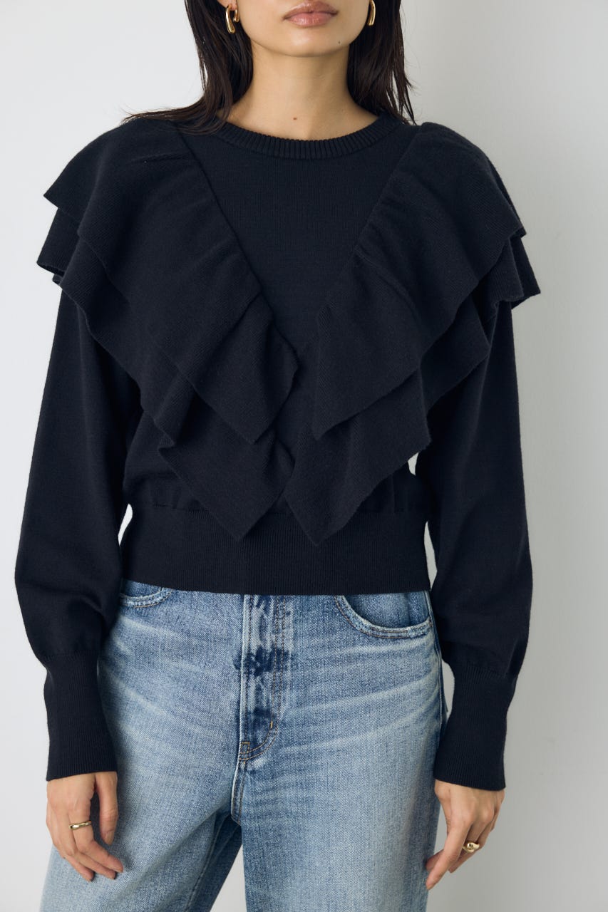 ラッフルショルダーニットトップス BLK FREE