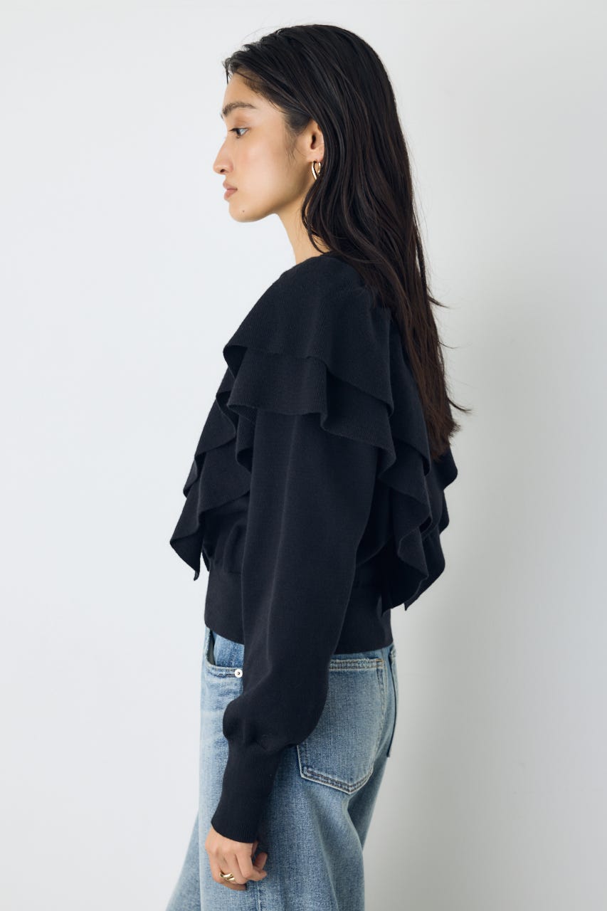 ラッフルショルダーニットトップス BLK FREE