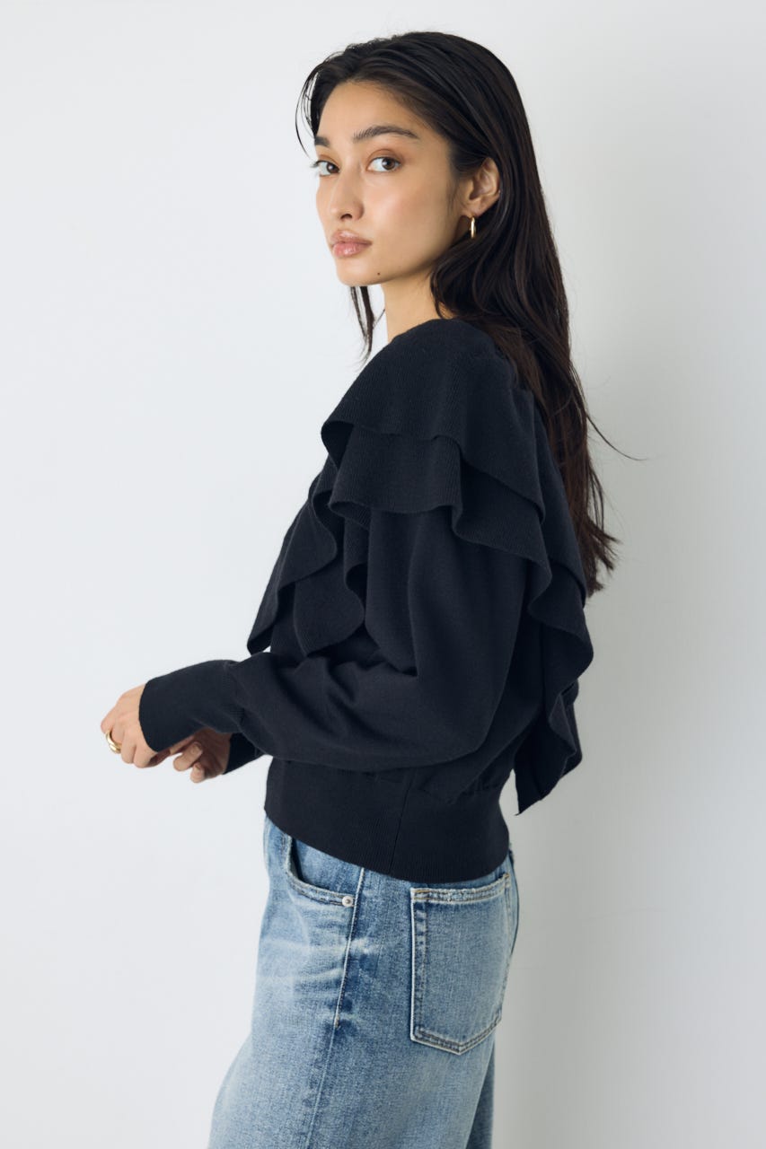 ラッフルショルダーニットトップス BLK FREE