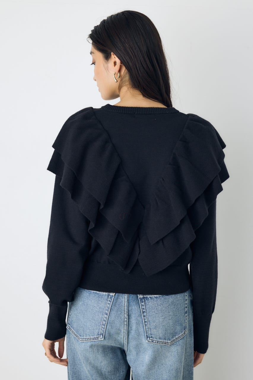 ラッフルショルダーニットトップス BLK FREE